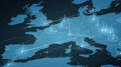 Europe blue map big data visualization. Futuristic map infographic. Information aesthetics. Visual data complexity. Complex europe data graphic visualization. Abstract data on map graph.