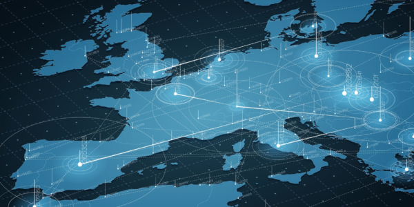 Europe blue map big data visualization. Futuristic map infographic. Information aesthetics. Visual data complexity. Complex europe data graphic visualization. Abstract data on map graph.