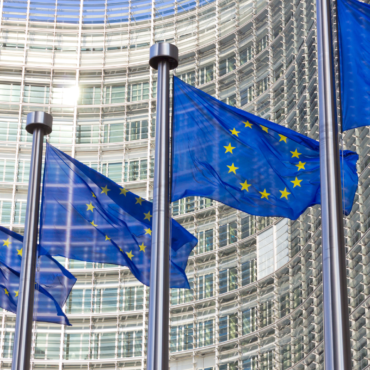 Picture of EU flags outside of buildings.